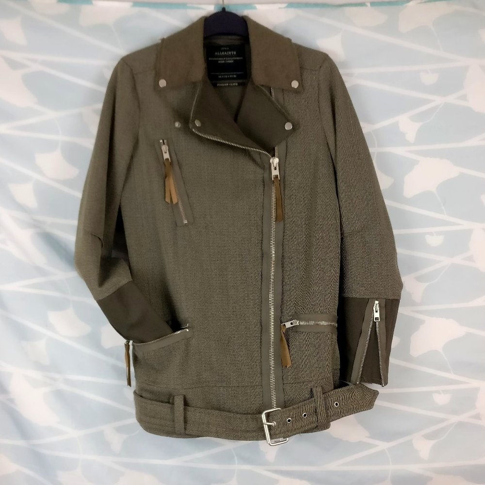 AllSaints Italian Fabric Patchwork Asymmetrical Biker Jacket Olive Green Fall/W
